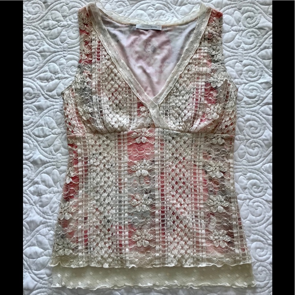 Papillon Blanc Cream Lace Overlay Tank with Pink Stripes